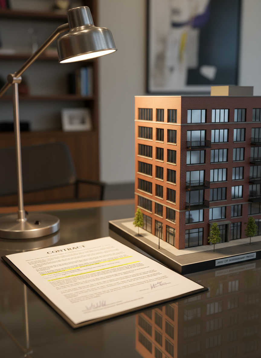 A close-up, photographic image of a sleek glass-topped desk where a detailed real estate contract lies open beside a small, architectural-scale model of a mixed-use building. The model features realistic brick textures and reflective windows, suggesting an urban New Jersey streetscape. A metal desk lamp with a warm LED bulb casts focused light across the printed pages, revealing fine text and highlighted sections, while the rest of the office fades into a soft, neutral blur. Captured from a slightly elevated angle using the rule of thirds, the composition emphasizes clarity, precision, and careful review of property agreements in a sophisticated law firm environment.