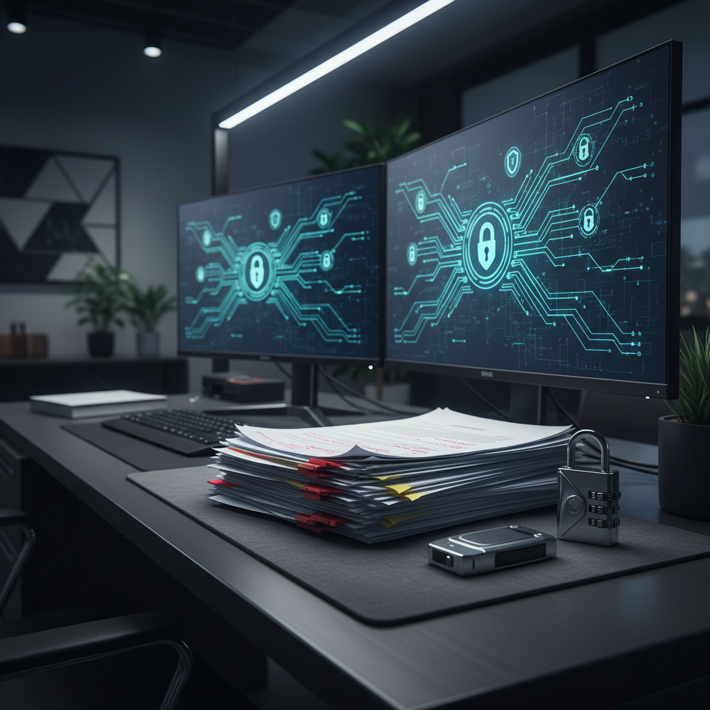 A high-resolution, photographic scene showing a secure, modern workstation inside a law office dedicated to cybersecurity contracts. A matte-black desktop computer with dual monitors displays abstract, glowing network diagrams and padlock icons, while a stack of printed agreements with visible redline edits sits on a textured gray desk mat. A small combination lock and an encrypted USB drive rest beside the papers as symbolic elements of security. Cool, diffused overhead lighting and subtle monitor glow create a focused, technical atmosphere. Captured from an angled side view with sharp focus throughout, the image feels analytical, disciplined, and tech-forward, reflecting serious attention to digital risk and compliance.