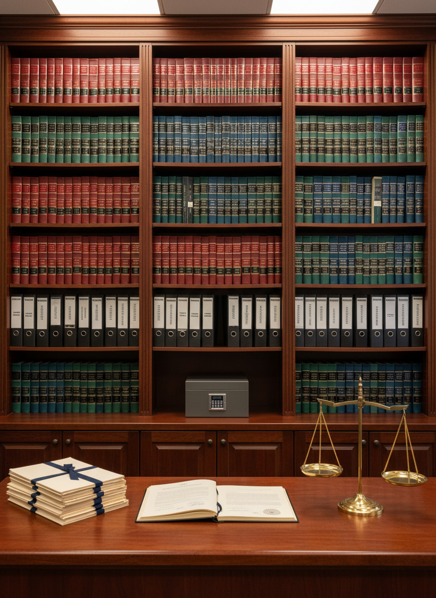A dignified, photographic image of a wooden bookshelf wall in a professional law office, filled with neatly arranged legal volumes, binders labeled for trusts, securities, and estate planning, and a secure fireproof document box. In the foreground on a credenza, a thick trust agreement lies open next to a classic brass scale of justice and a tidy stack of archival-quality folders tied with cloth ribbons. Soft, warm ambient lighting from concealed ceiling fixtures creates gentle highlights on the leather book spines and subtle shadows between shelves. Shot straight on with balanced composition and moderate depth of field, the atmosphere is orderly, stable, and reassuring, emphasizing long-term protection of client assets.