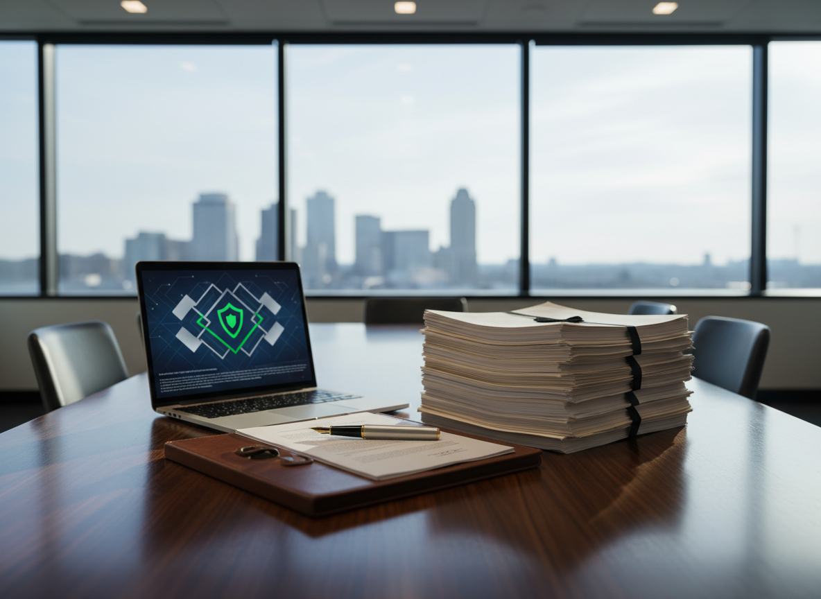 A polished dark-wood conference table carefully arranged with an open leather-bound legal folder, neatly stacked contracts, and a brushed metal fountain pen resting beside a slim laptop displaying an abstract data security dashboard. The scene is set in a modern Irvington, NJ law office with tall windows revealing a softly blurred cityscape. Cool daylight streams in, balanced by subtle recessed ceiling lights, casting clean, professional shadows. Shot at eye level with a shallow depth of field that keeps the documents sharp and the background gently out of focus. The mood is professional, trustworthy, and calm, with photographic realism and a clean, modern aesthetic that conveys meticulous legal work and cybersecurity awareness.